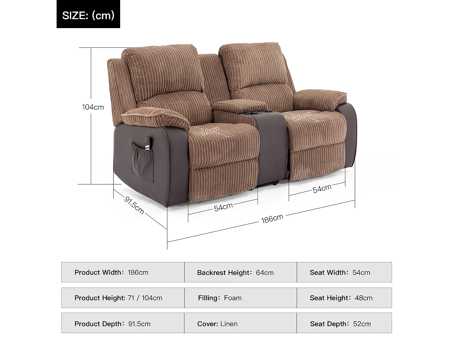 Postana Dual Motor Rise Recliner 2 Seater Cord Drinks Console Sofa