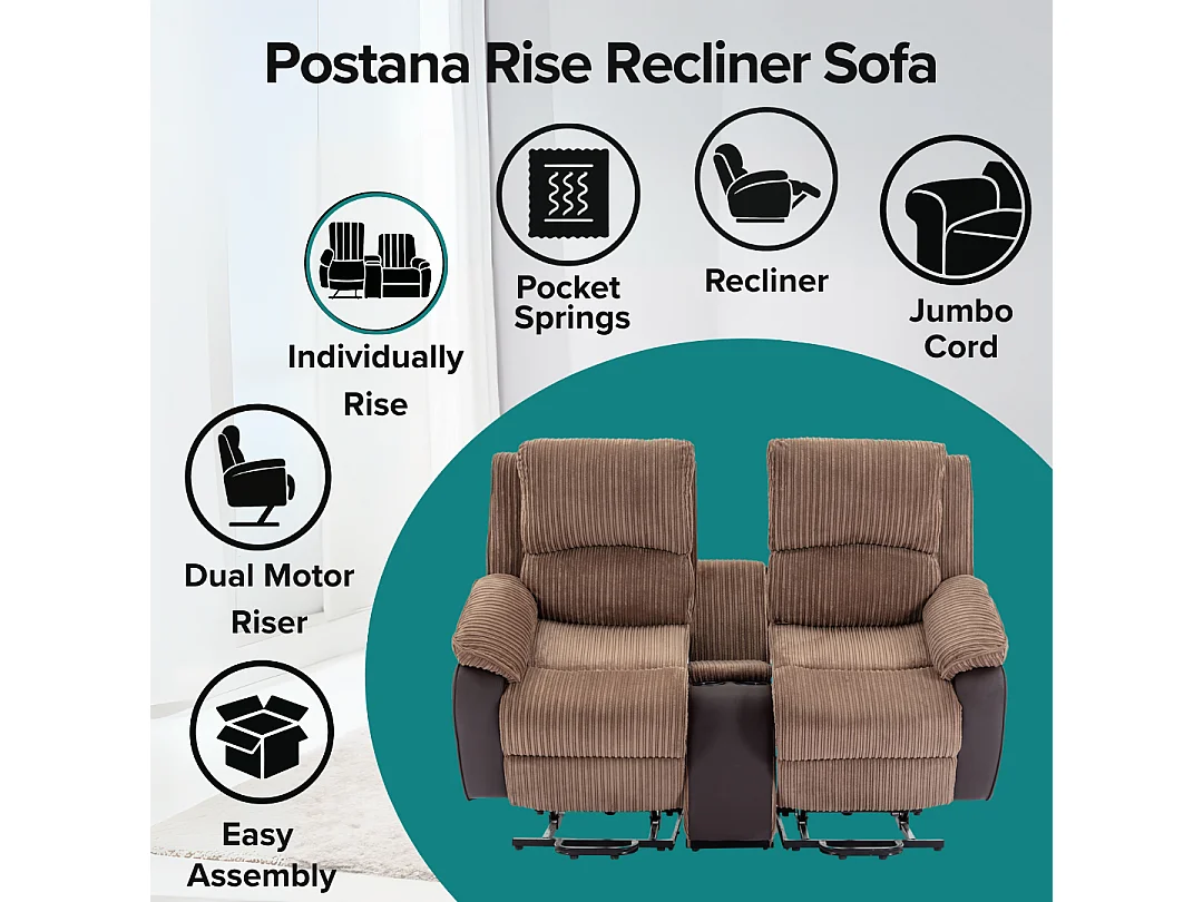 Postana Dual Motor Rise Recliner 2 Seater Cord Drinks Console Sofa