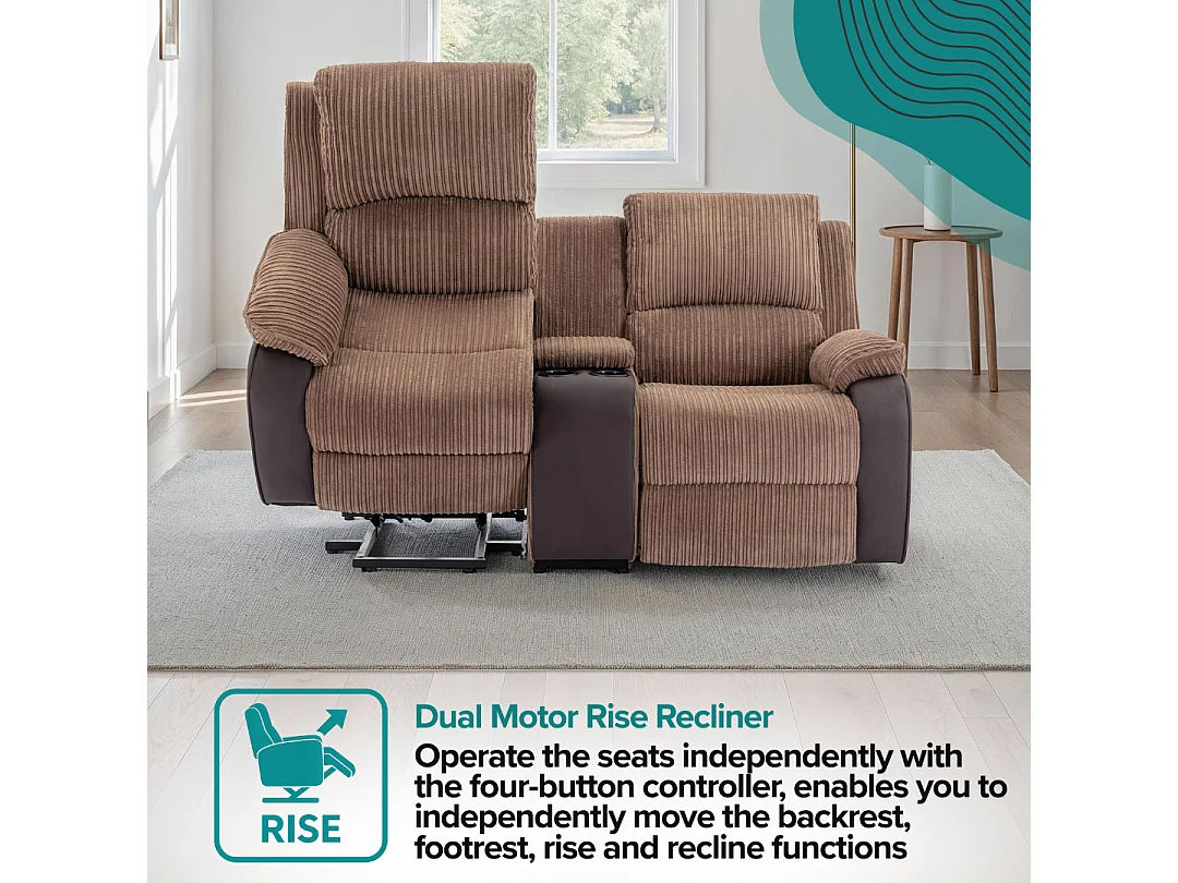 Postana Dual Motor Rise Recliner 2 Seater Cord Drinks Console Sofa