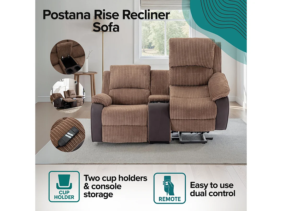 Postana Dual Motor Rise Recliner 2 Seater Cord Drinks Console Sofa