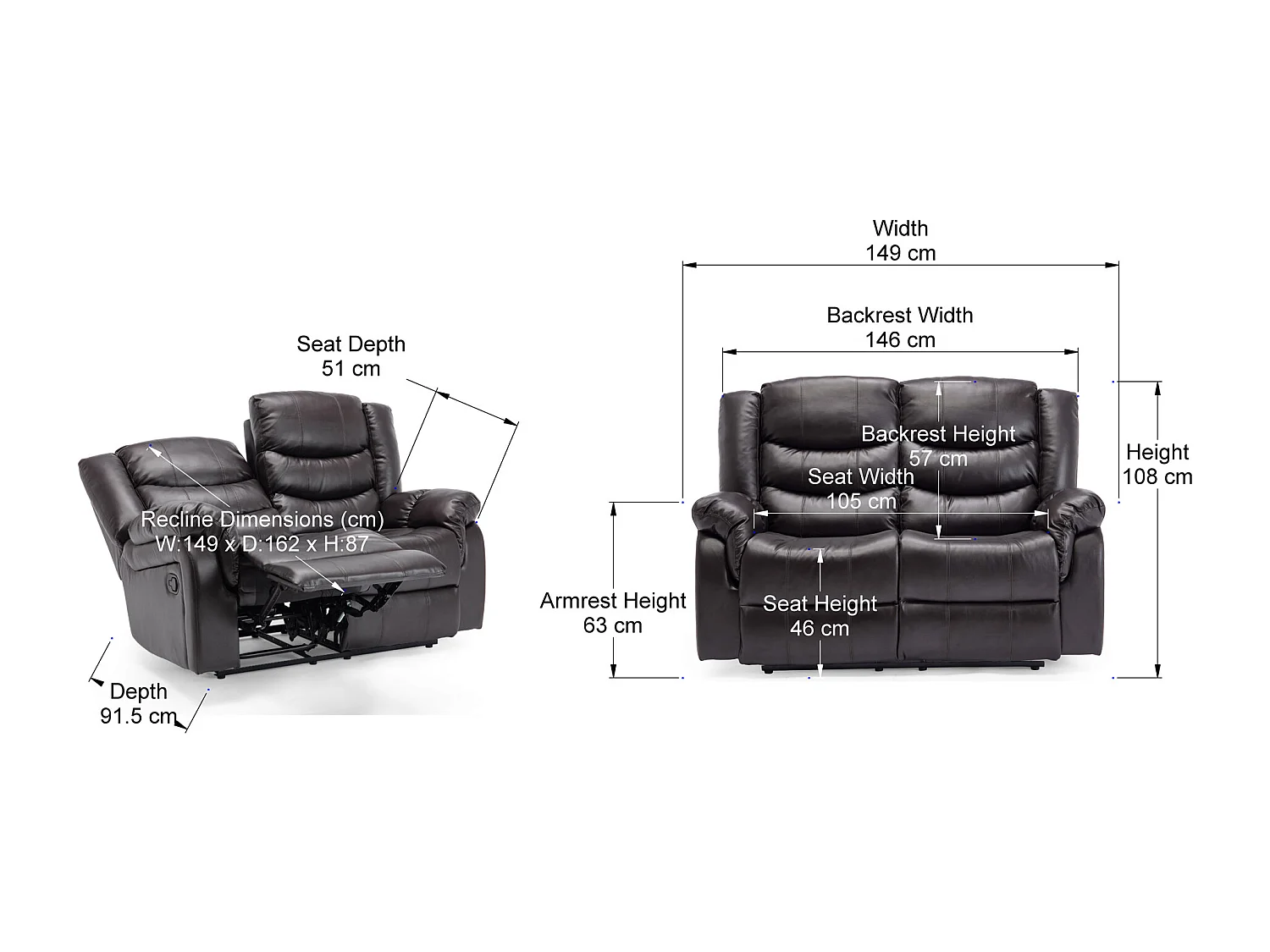 Seattle 2 Seater Manual High Back Bonded Leather Recliner Sofa