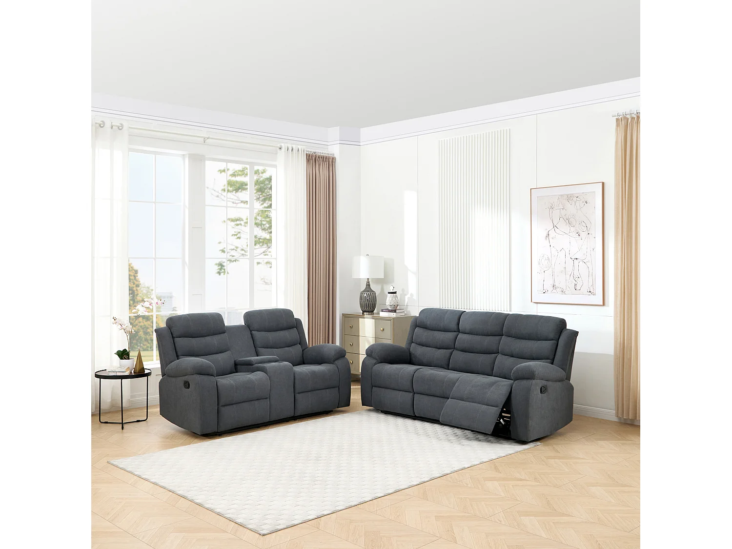 Boston Manual Recliner Fabric 2+3 Seater Sofa Set w Drinks Console