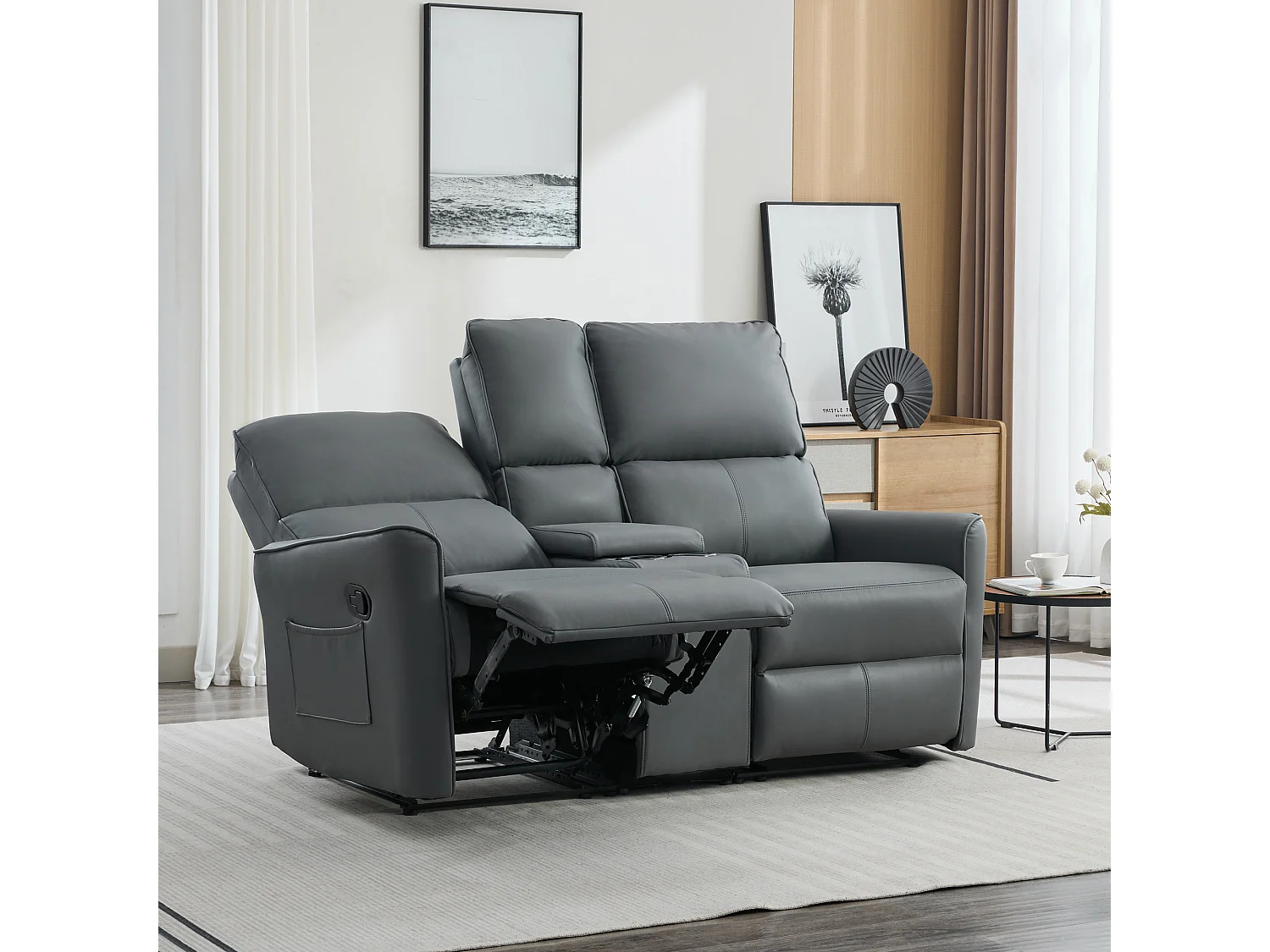 Madrid 2 Seater W Console Manual Air Leather Recliner Sofa