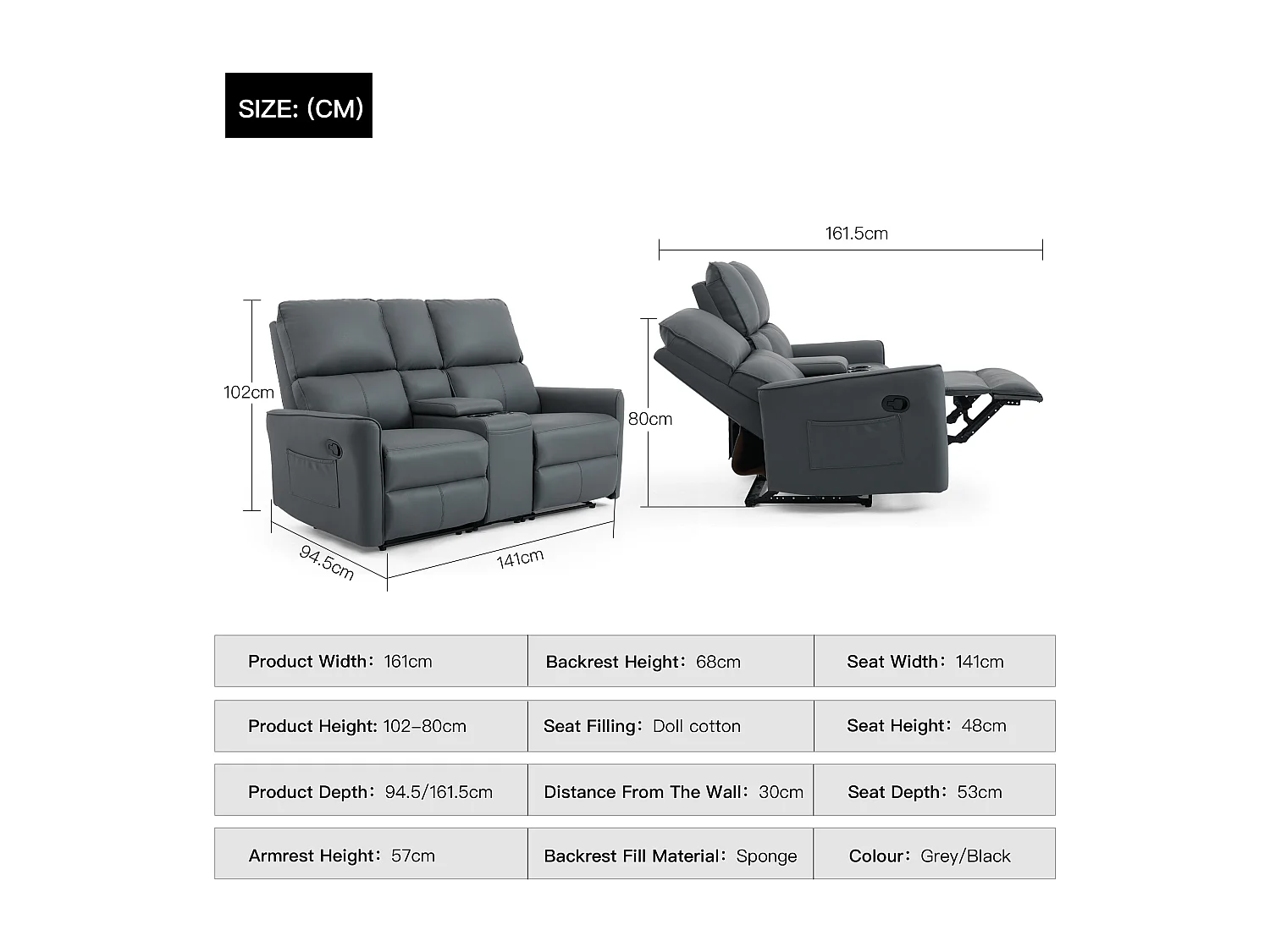 Madrid 2 Seater W Console Manual Air Leather Recliner Sofa