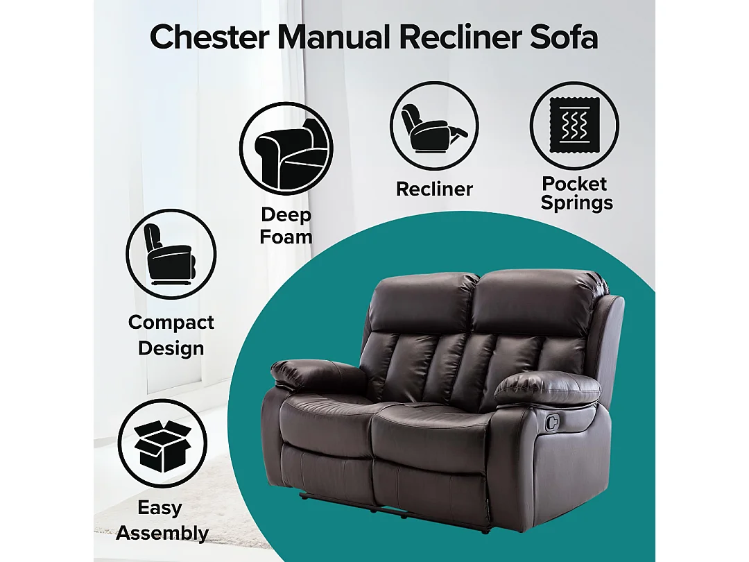 Chester 2 Seater Manual High Back Bonded Leather Recliner Sofa