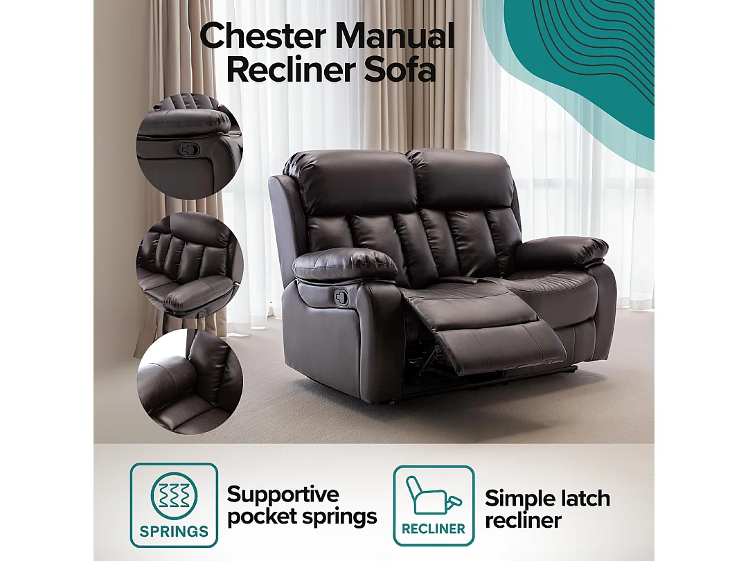 Chester 2 Seater Manual High Back Bonded Leather Recliner Sofa