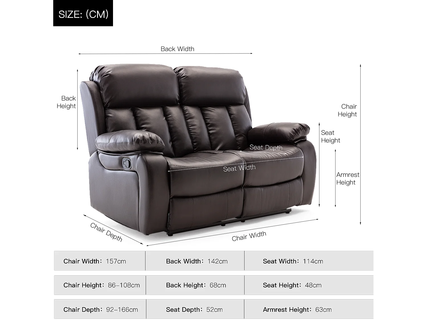 Chester 2 Seater Manual High Back Bonded Leather Recliner Sofa
