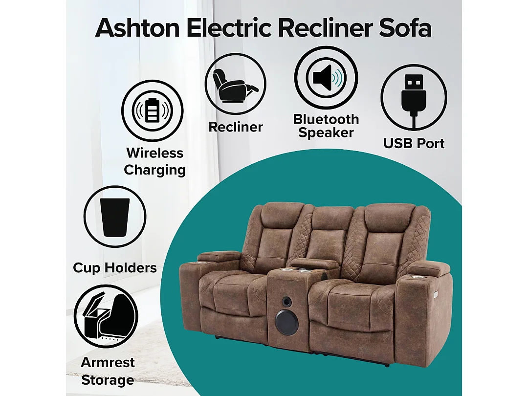 Ashton Electric Recliner 2 Seater Sofa Technology Fabric With Speakers & USB-C Charging
