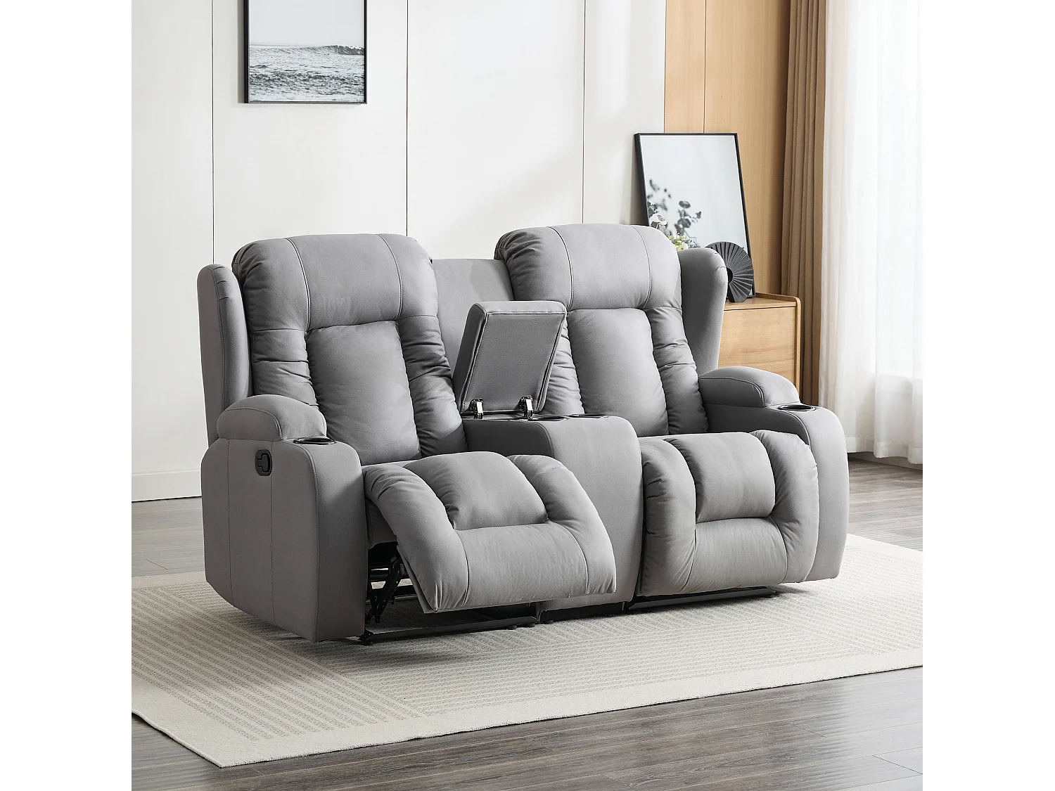Caesar 2 Seater Grey Technology Fabric Modern Manual Recliner Sofa W Drinks Console