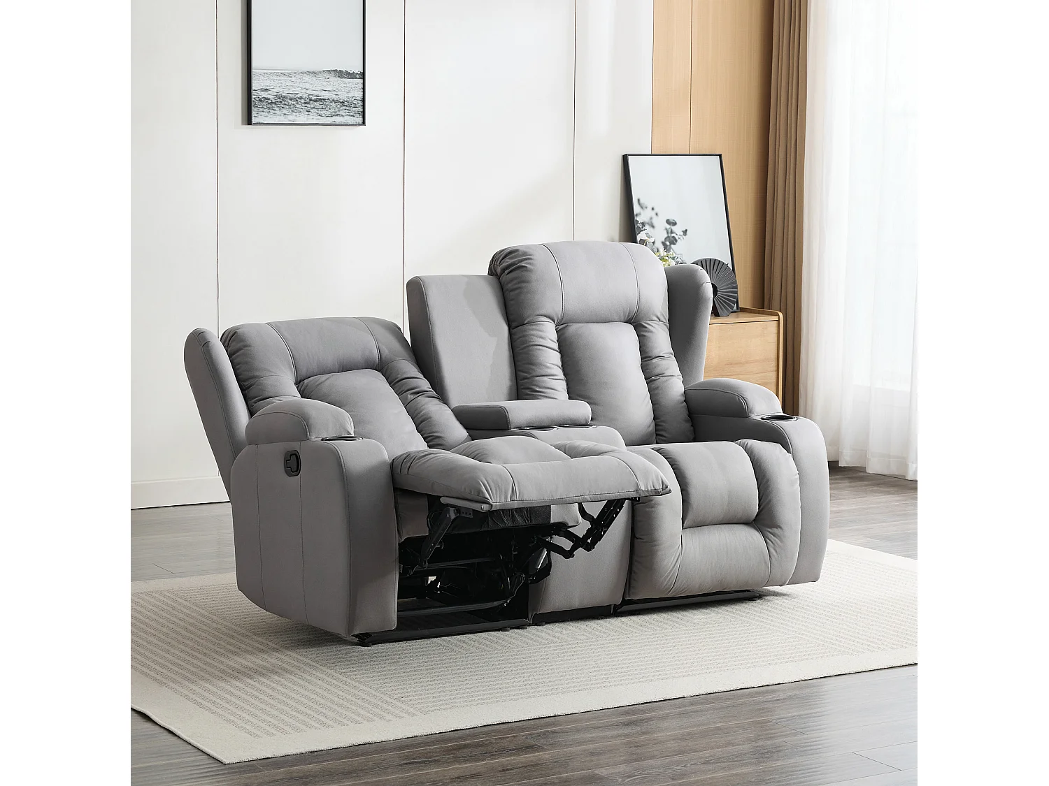 Caesar 2 Seater Grey Technology Fabric Modern Manual Recliner Sofa W Drinks Console