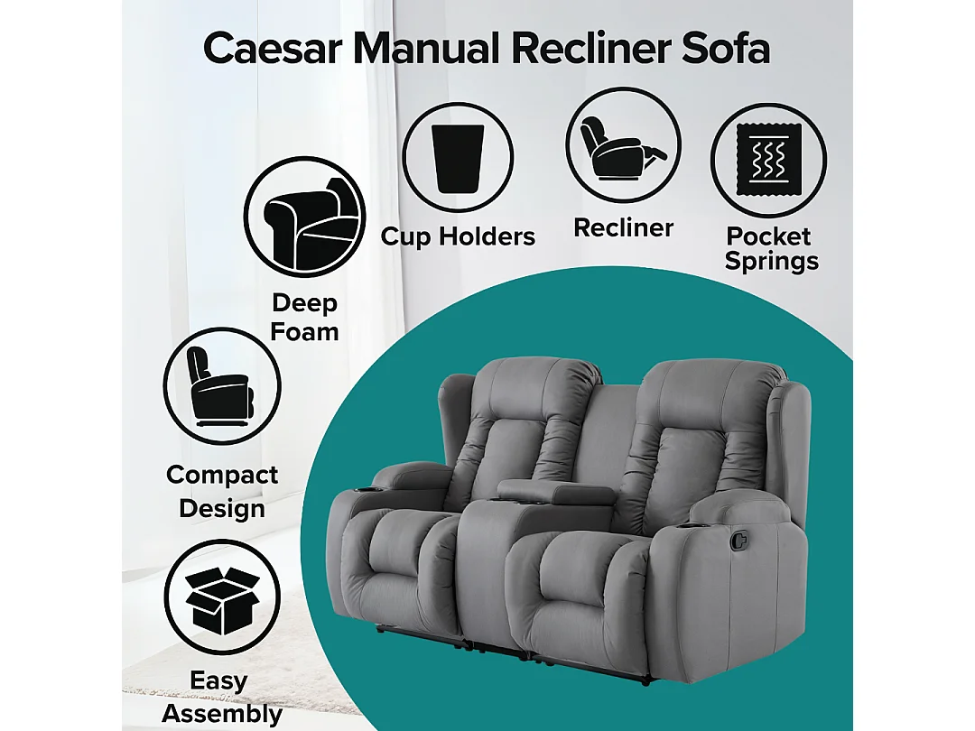 Caesar 2 Seater Grey Technology Fabric Modern Manual Recliner Sofa W Drinks Console
