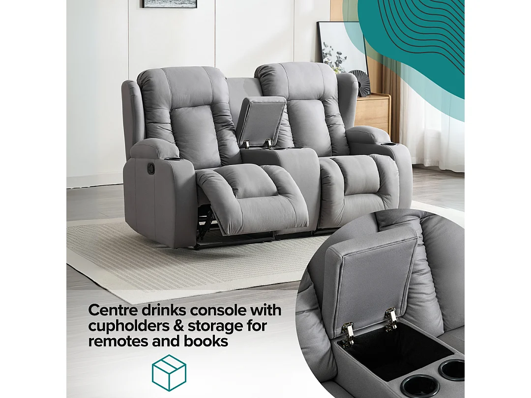 Caesar 2 Seater Grey Technology Fabric Modern Manual Recliner Sofa W Drinks Console
