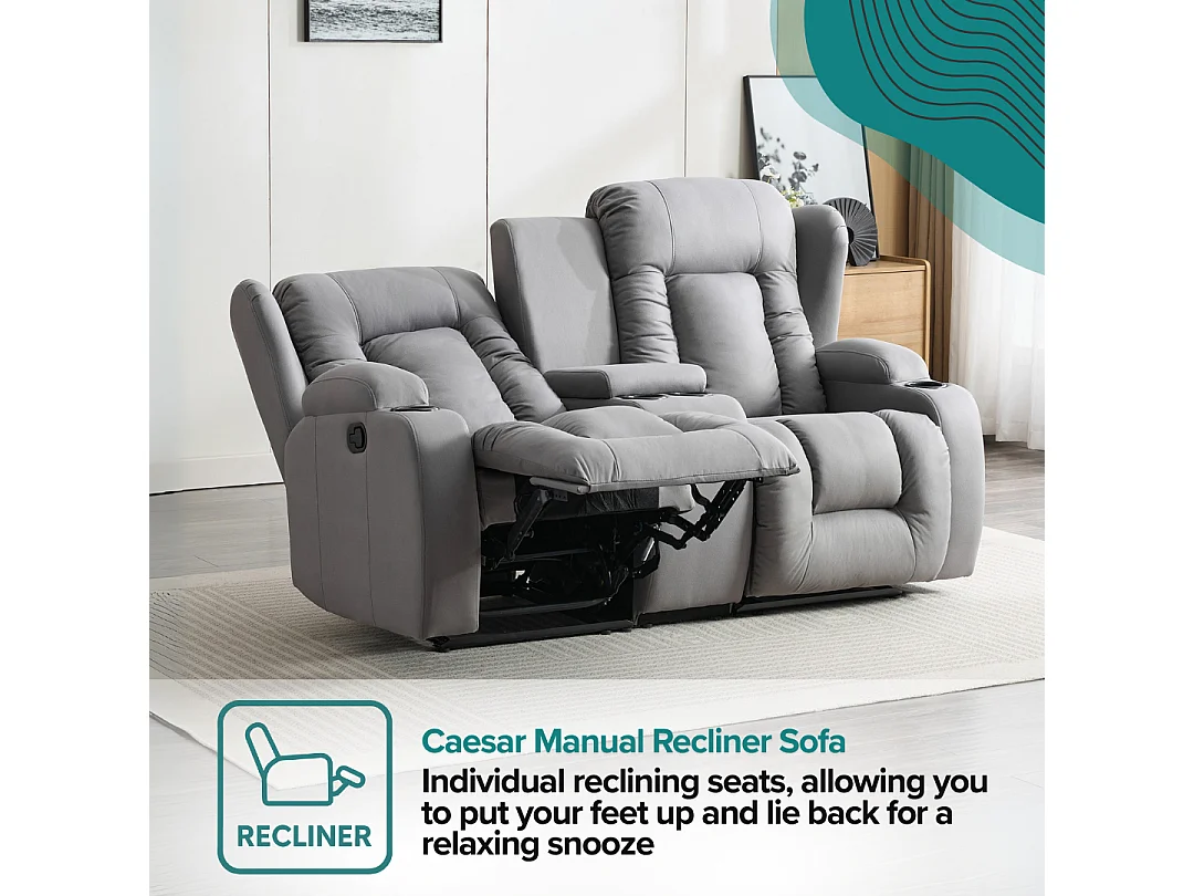 Caesar 2 Seater Grey Technology Fabric Modern Manual Recliner Sofa W Drinks Console