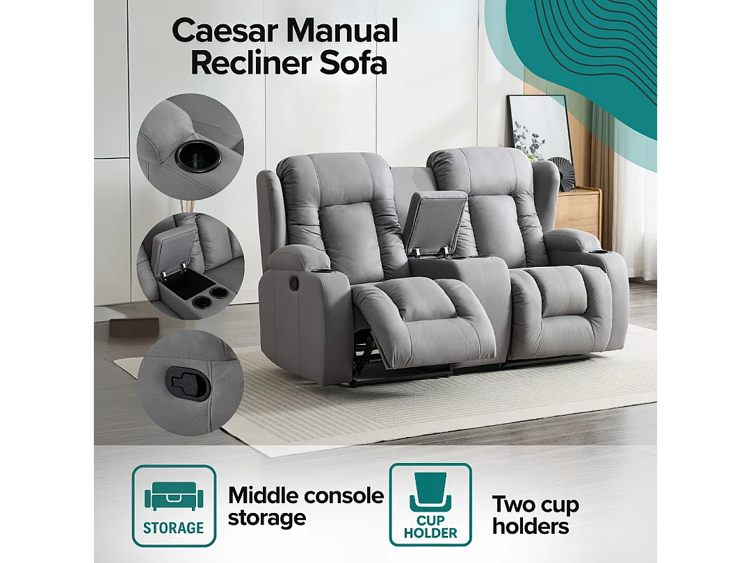 Caesar 2 Seater Grey Technology Fabric Modern Manual Recliner Sofa W Drinks Console