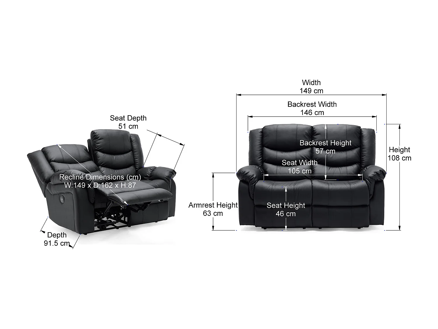 Seattle 2 Seater Electric High Back Bonded Leather Recliner Sofa