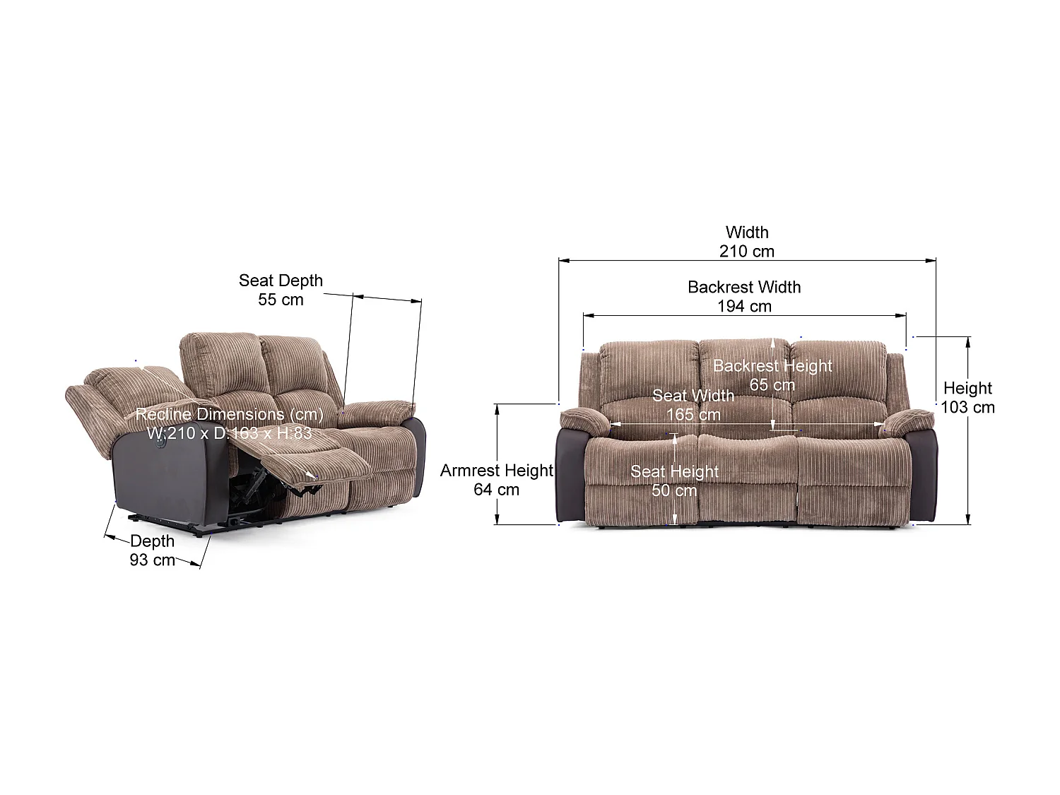Postana 3 Seater Electric High Back Jumbo Cord Fabric Recliner Sofa