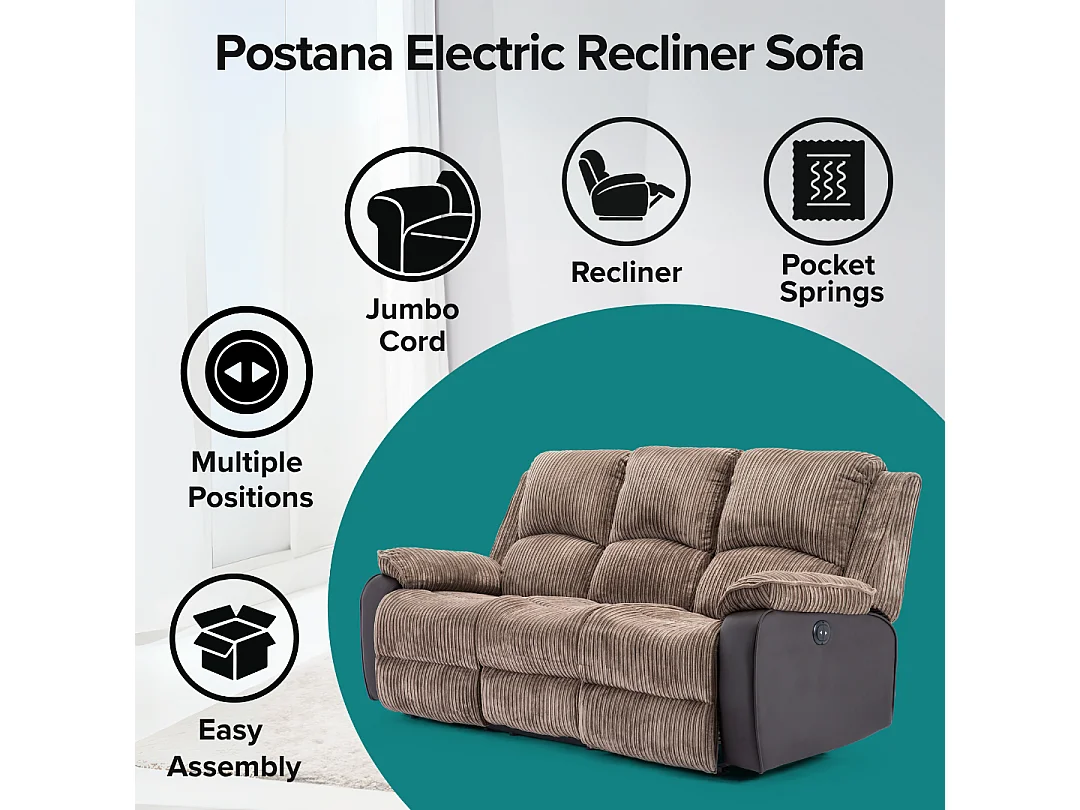 Postana 3 Seater Electric High Back Jumbo Cord Fabric Recliner Sofa