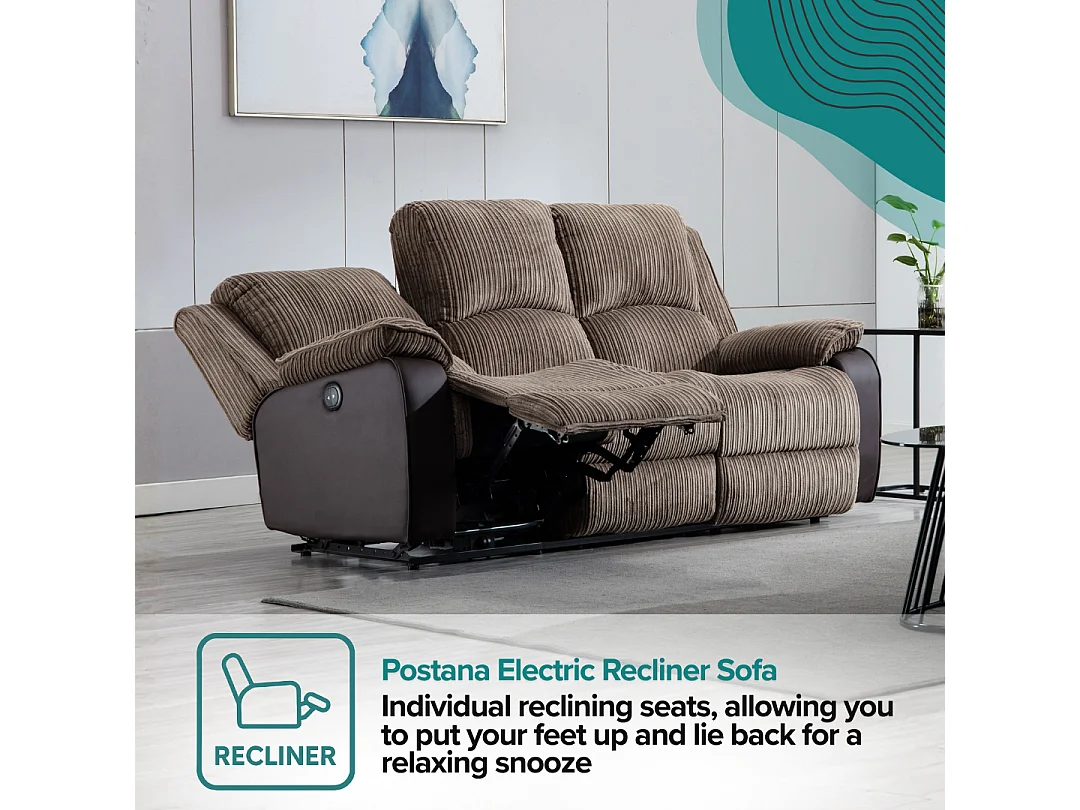 Postana 3 Seater Electric High Back Jumbo Cord Fabric Recliner Sofa
