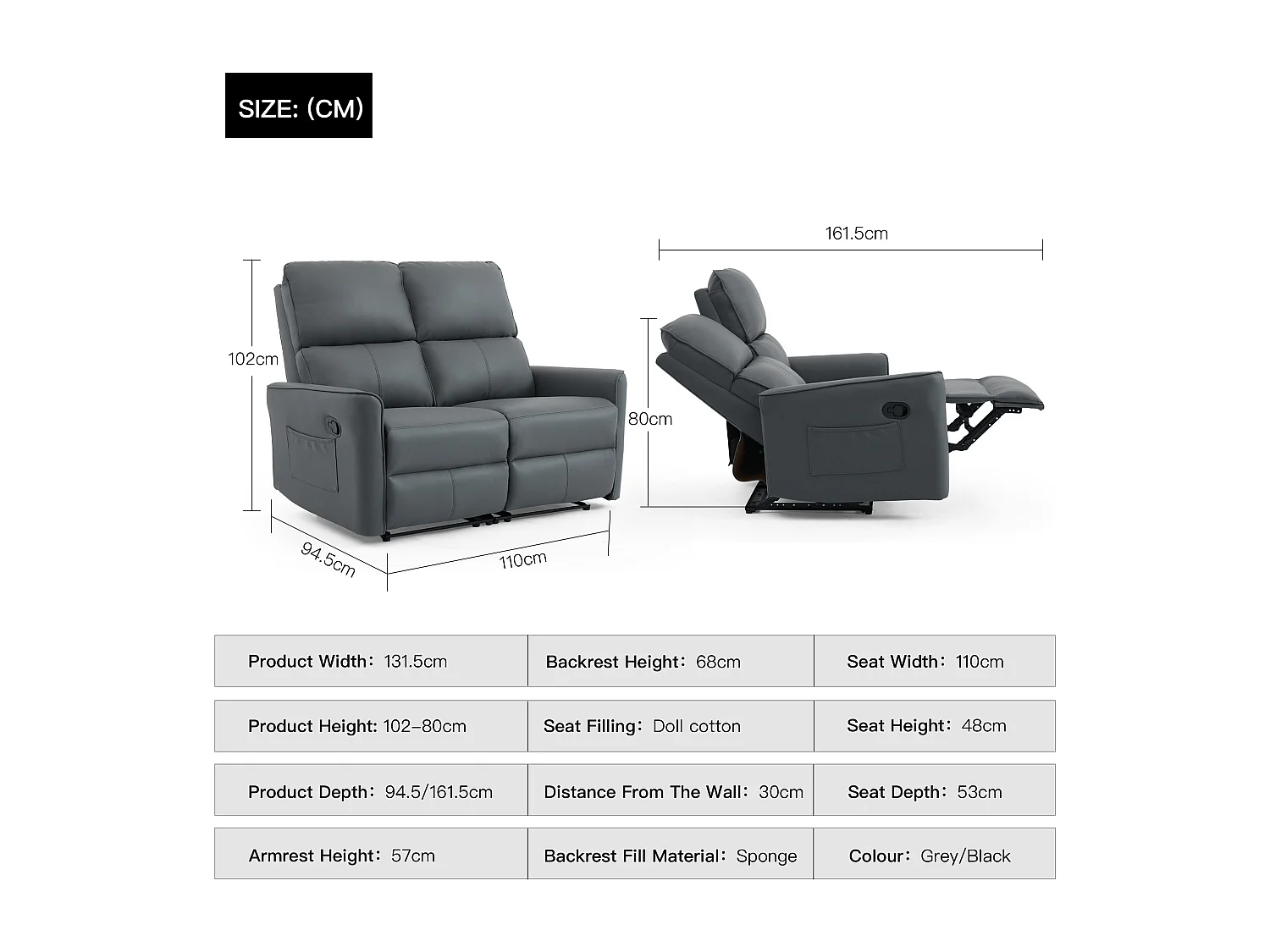 Madrid 2 Seater Manual Air Leather Recliner Sofa
