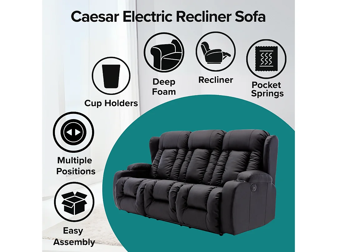 Caesar 3 Seater Electric High Back Bonded Leather Recliner Sofa