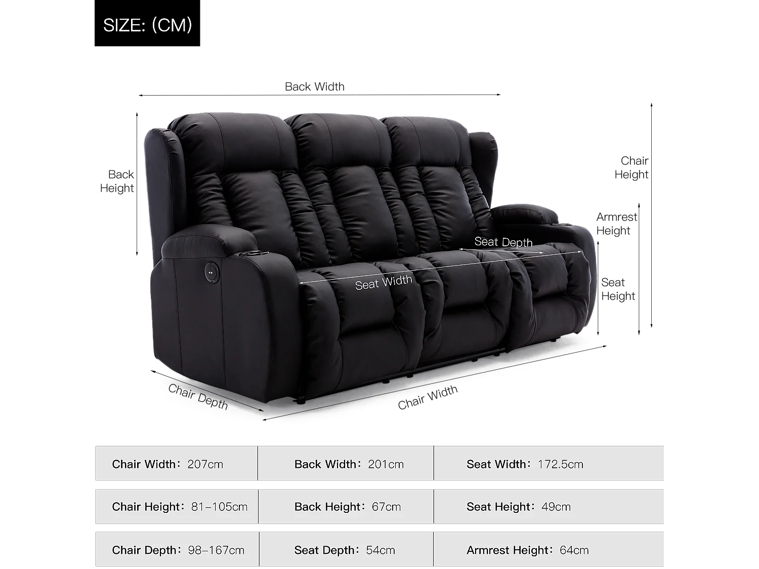 Caesar 3 Seater Electric High Back Bonded Leather Recliner Sofa