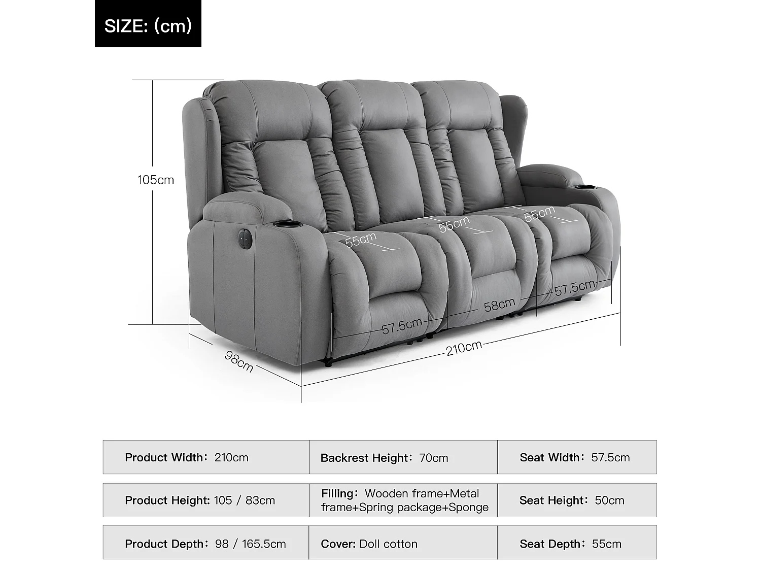 Caesar 3 Seater Grey Technology Fabric Modern Electric Recliner Sofa