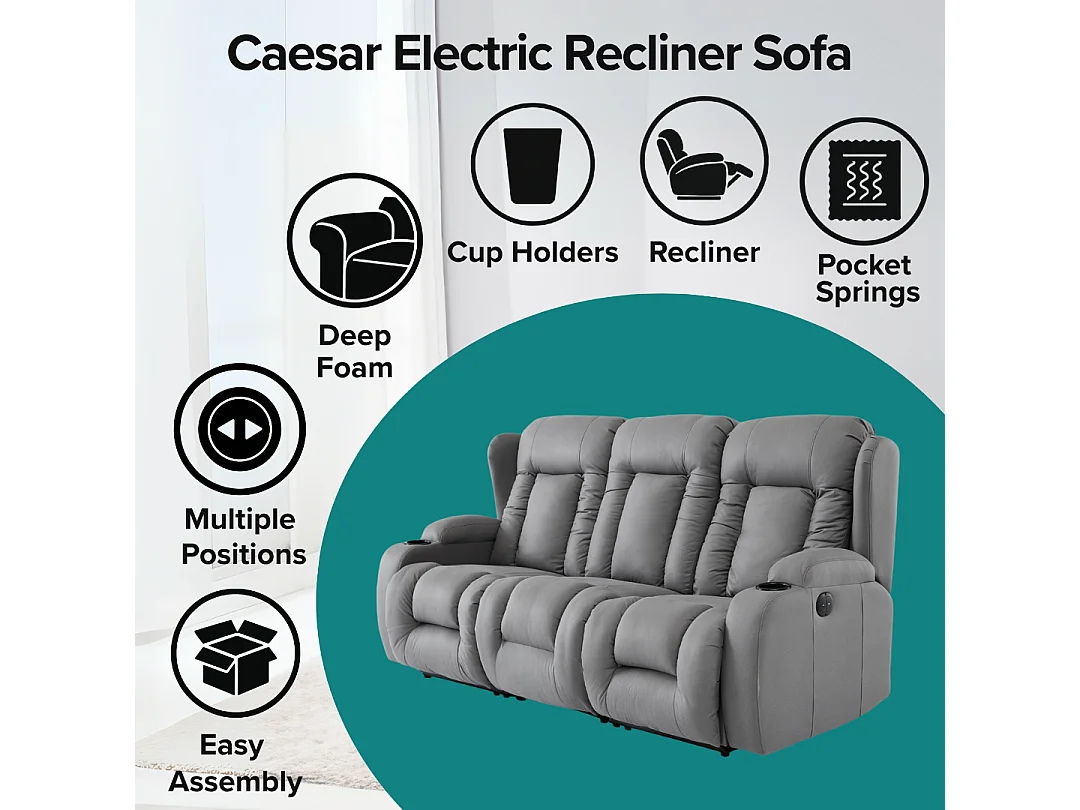 Caesar 3 Seater Grey Technology Fabric Modern Electric Recliner Sofa