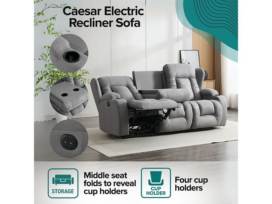 Caesar 3 Seater Grey Technology Fabric Modern Electric Recliner Sofa