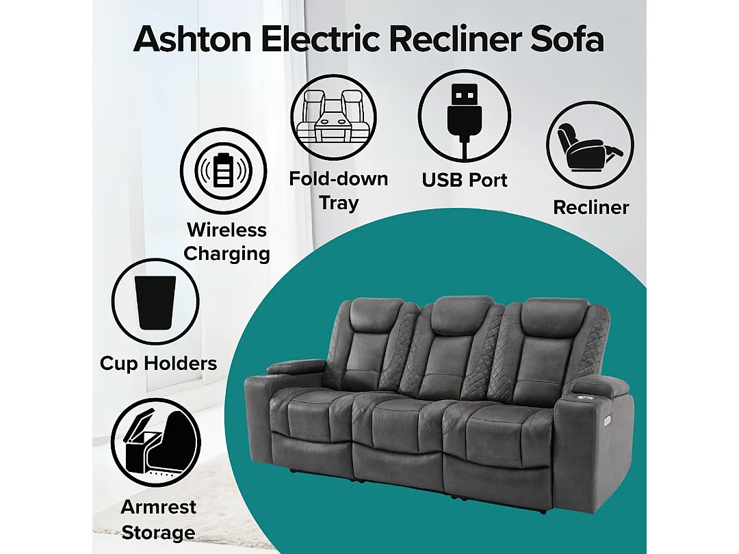 Ashton Electric Recliner 3 Seater Sofa Technology Fabric With Built-In Plugs & USB-C Charging