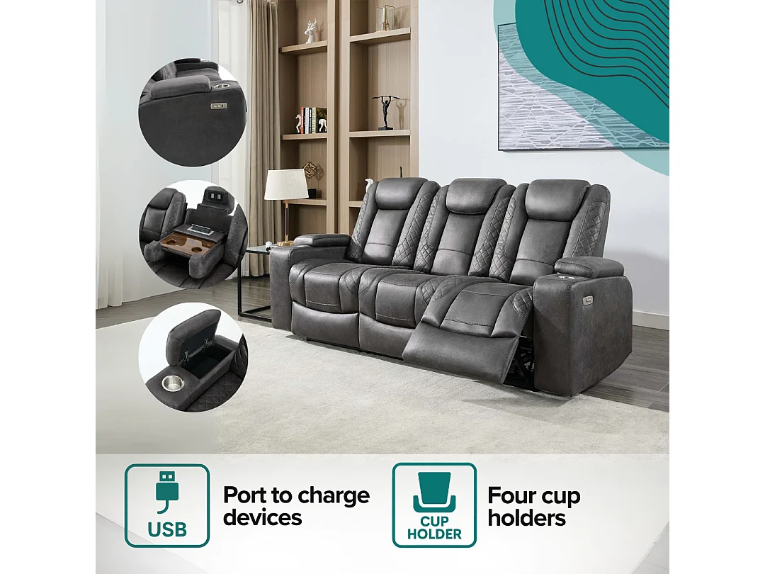 Ashton Electric Recliner 3 Seater Sofa Technology Fabric With Built-In Plugs & USB-C Charging