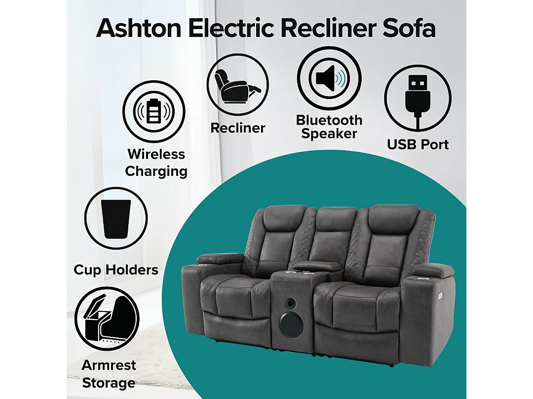 Ashton Electric Recliner 2 Seater Sofa Technology Fabric With Speakers & USB-C Charging