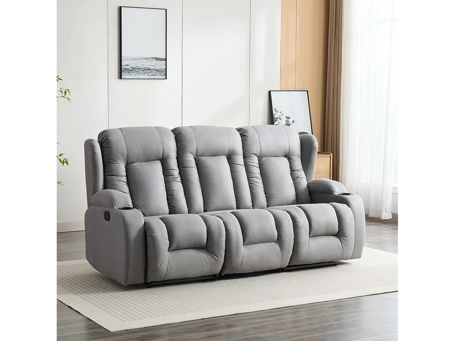 Caesar 3 Seater Grey Technology Fabric Modern Manual Recliner Sofa