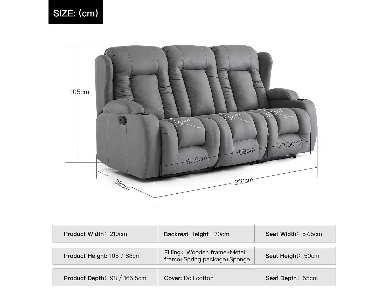 Caesar 3 Seater Grey Technology Fabric Modern Manual Recliner Sofa