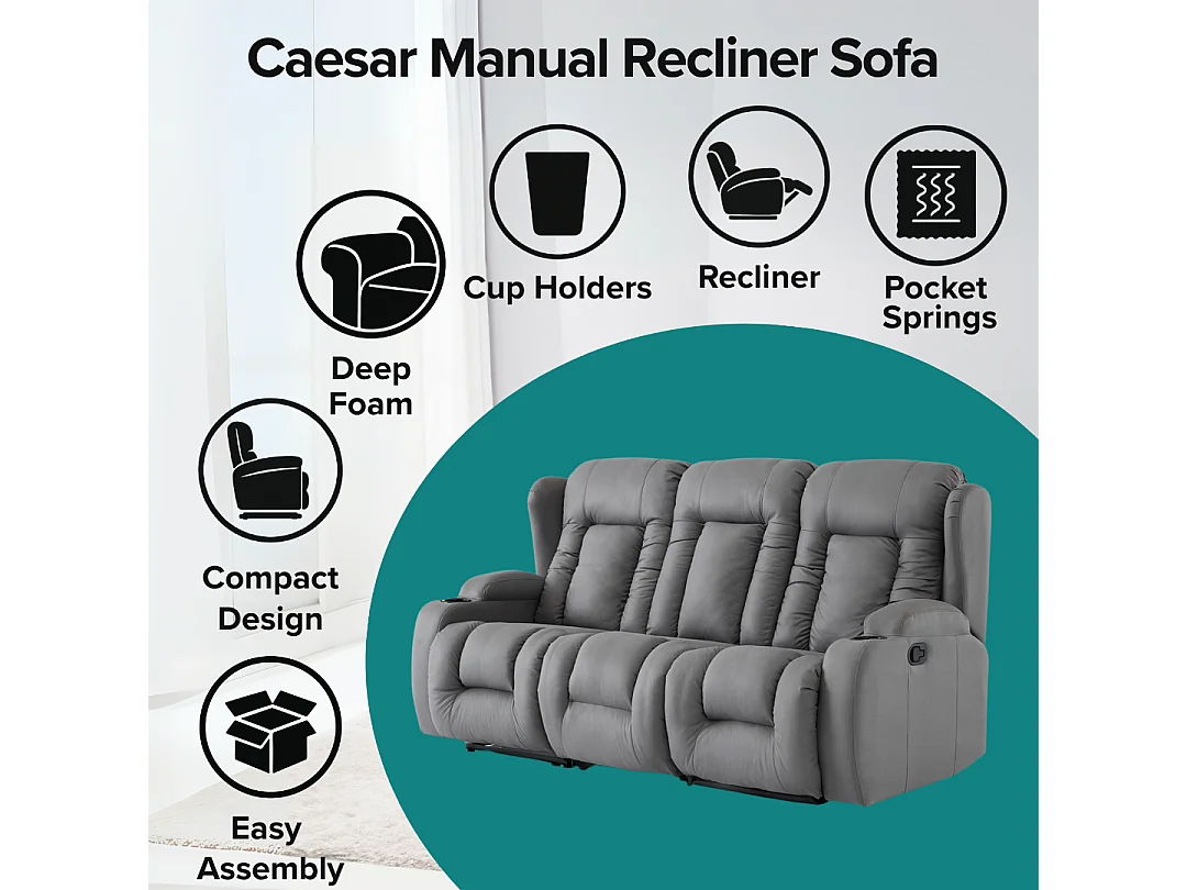 Caesar 3 Seater Grey Technology Fabric Modern Manual Recliner Sofa