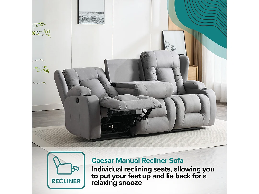 Caesar 3 Seater Grey Technology Fabric Modern Manual Recliner Sofa