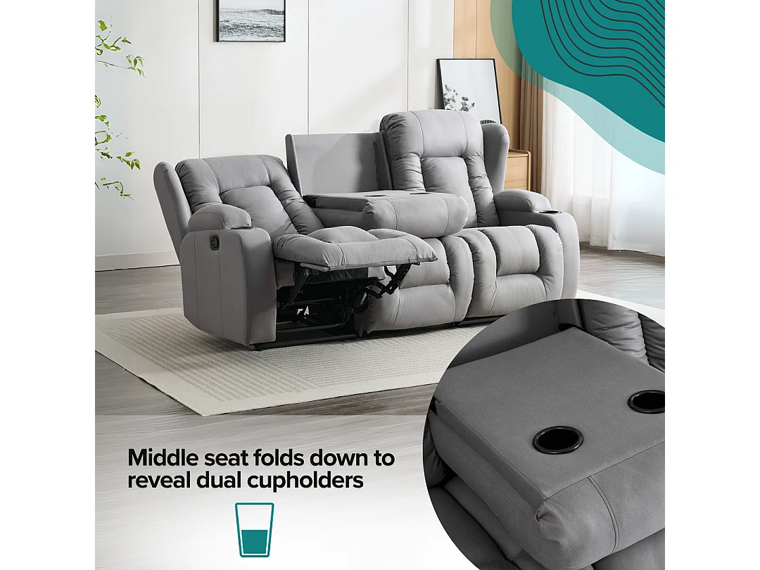 Caesar 3 Seater Grey Technology Fabric Modern Manual Recliner Sofa
