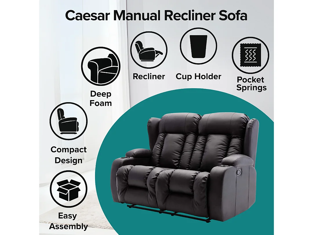 Caesar 2 Seater Manual High Back Bonded Leather Recliner Sofa
