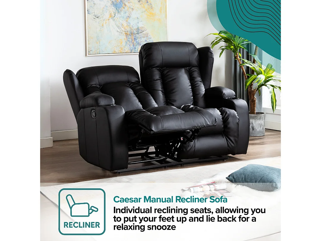 Caesar 2 Seater Manual High Back Bonded Leather Recliner Sofa