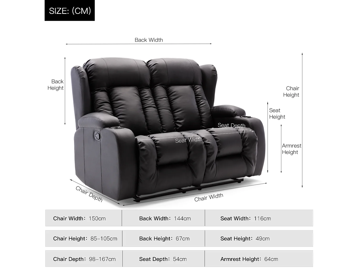 Caesar 2 Seater Manual High Back Bonded Leather Recliner Sofa
