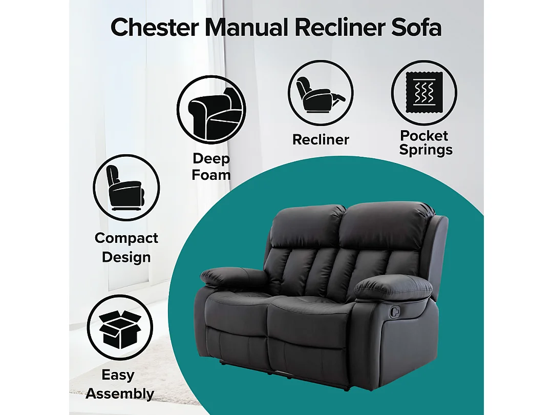 Chester 2 Seater Manual High Back Bonded Leather Recliner Sofa