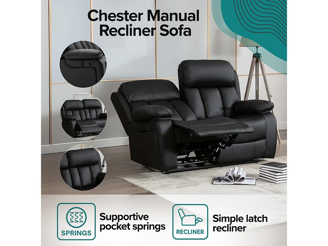 Chester 2 Seater Manual High Back Bonded Leather Recliner Sofa