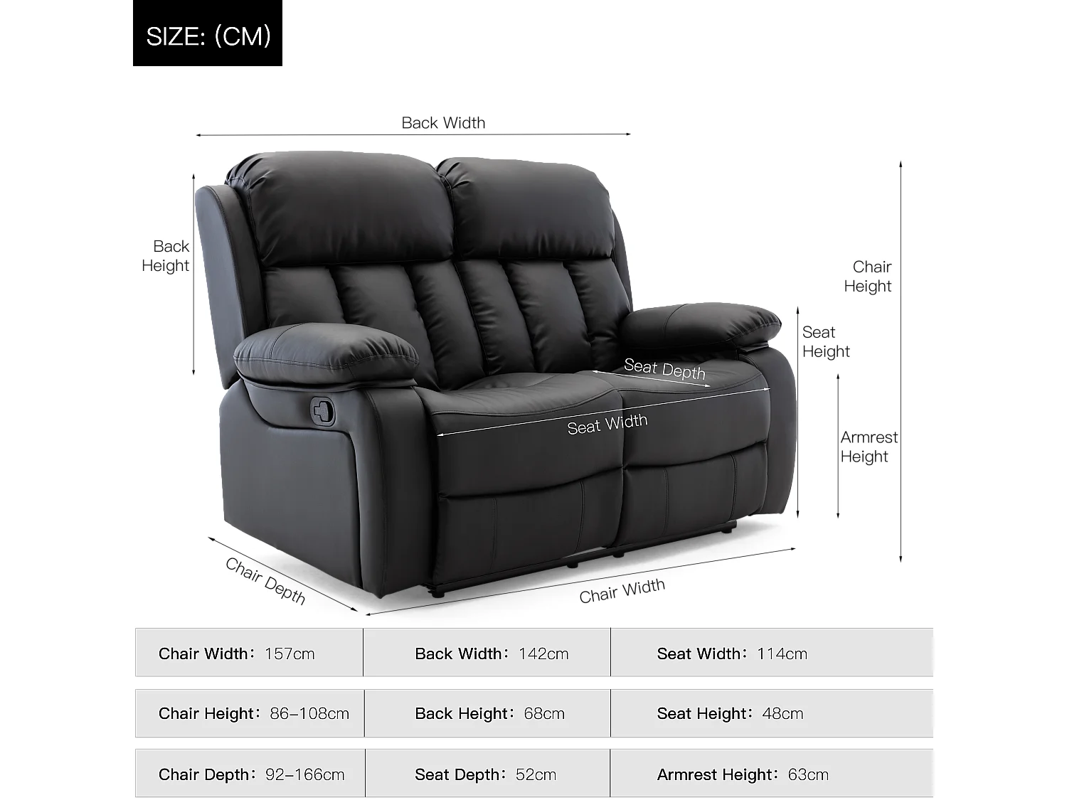 Chester 2 Seater Manual High Back Bonded Leather Recliner Sofa