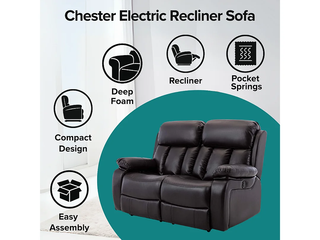 Chester 2 Seater Electric High Back Bonded Leather Recliner Sofa