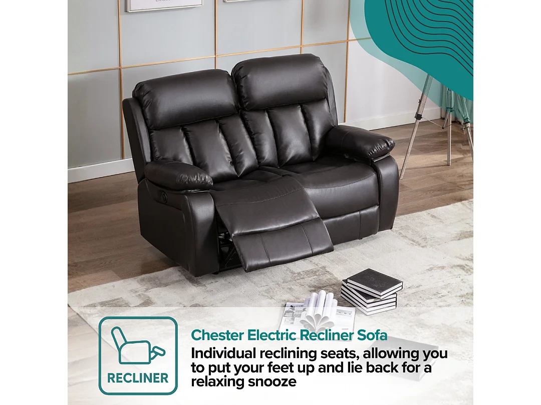 Chester 2 Seater Electric High Back Bonded Leather Recliner Sofa