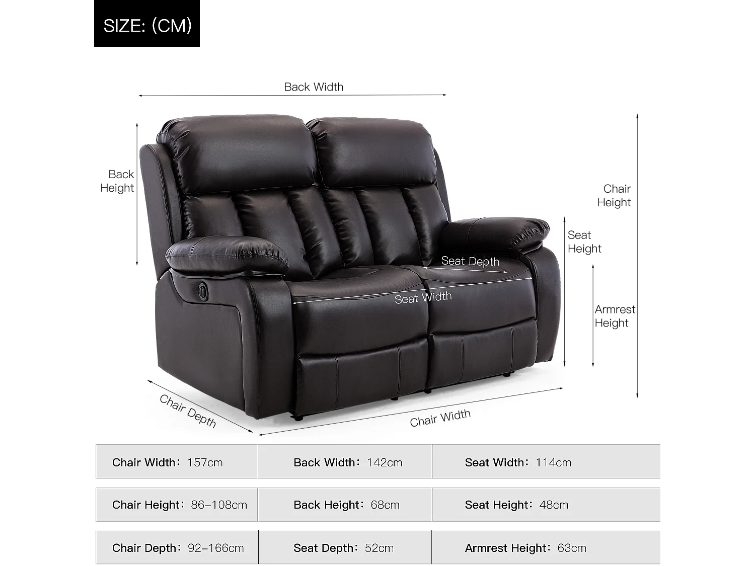 Chester 2 Seater Electric High Back Bonded Leather Recliner Sofa