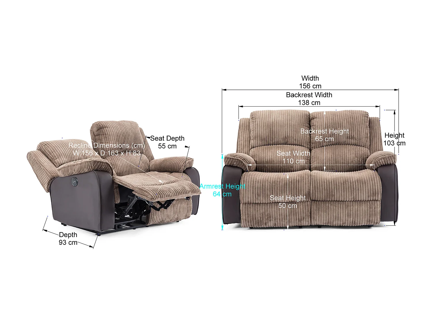 Postana 2 Seater Electric High Back Jumbo Cord Fabric Recliner Sofa