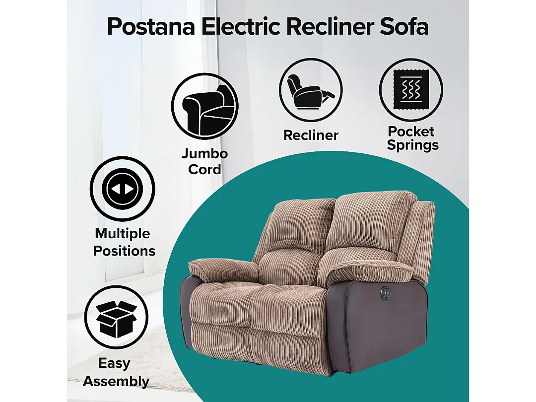 Postana 2 Seater Electric High Back Jumbo Cord Fabric Recliner Sofa