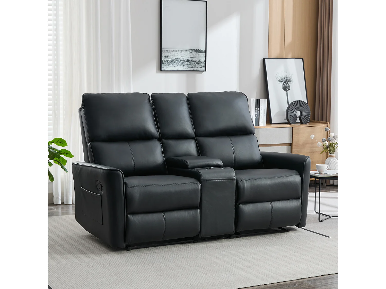 Madrid 2 Seater W Console Manual Air Leather Recliner Sofa