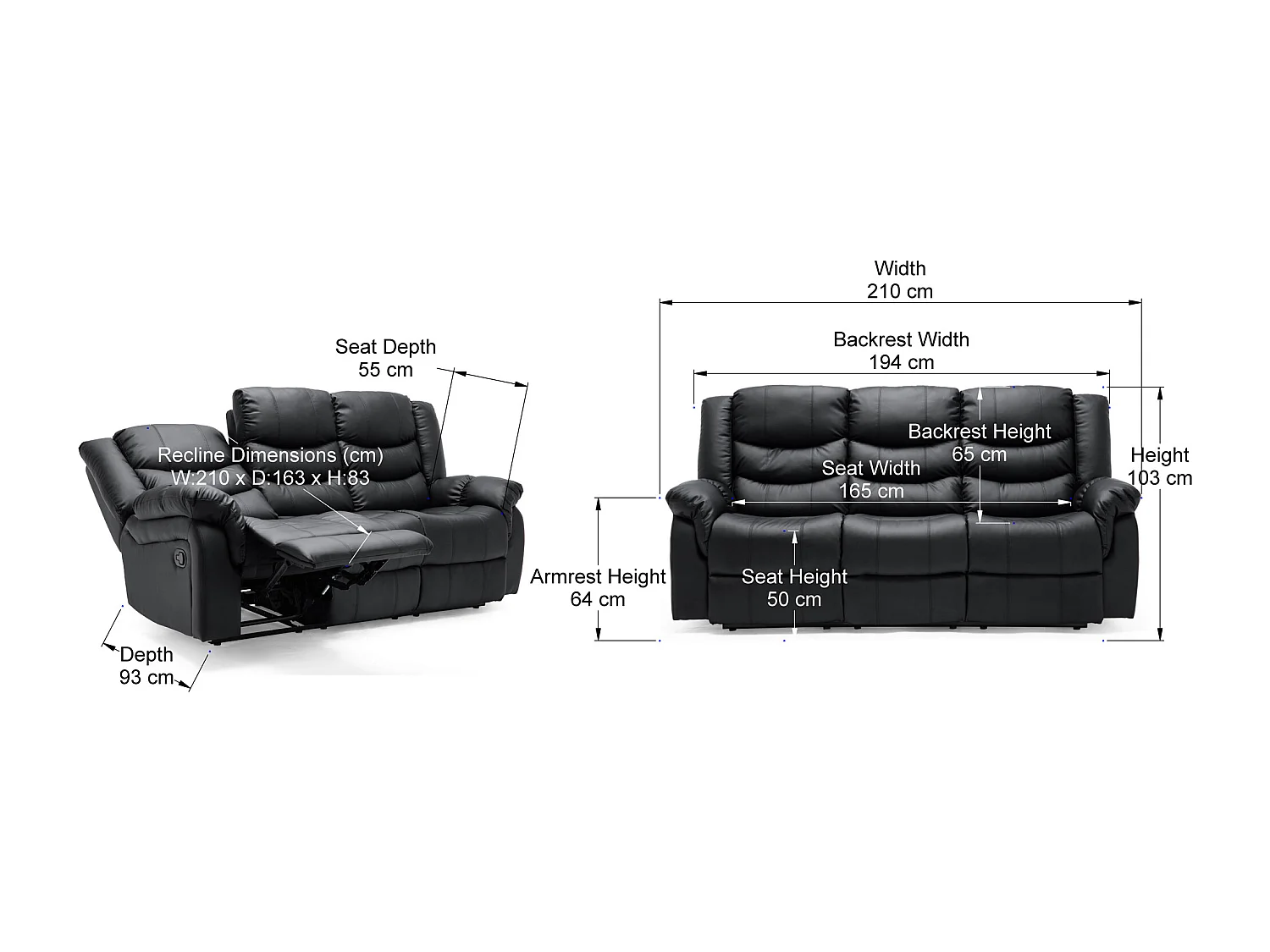 Seattle 3 Seater Manual High Back Bonded Leather Recliner Sofa