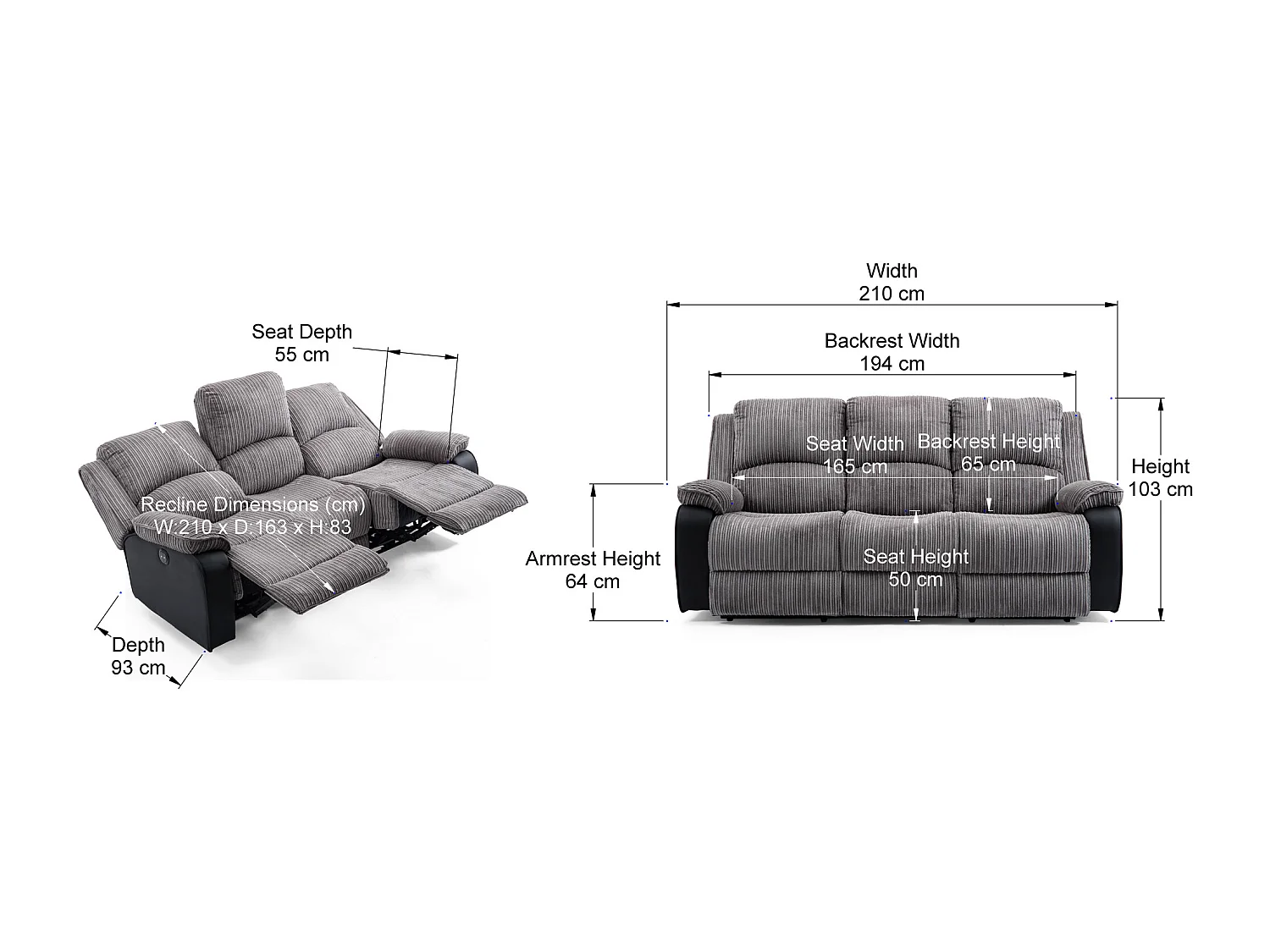 Postana 3 Seater Electric High Back Jumbo Cord Fabric Recliner Sofa